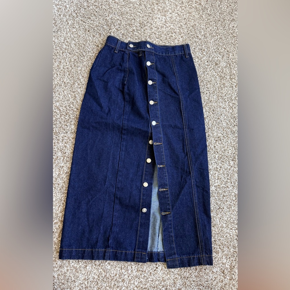 Dark Blue Button-Front Midi Denim Skirt